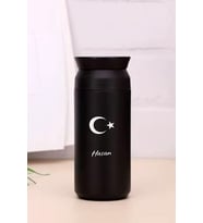 Kişiye Özel 500 ML Paslanmaz Çelik Ay Yıldız Baskılı Termos  8 Saat Isı Koruma  Kahve ve Çay Termosu (Siyah)