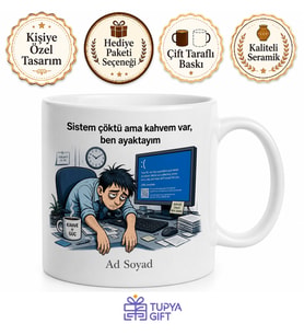 Mavi Ekran Hatası Çizimli Çökmüş Ofis Çalışanı Pazartesi Kupası Hediye Bardak
