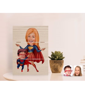 BK Gift Kişiye Özel Süper Anne ve Çocuk Karikatürlü Otantik Masaüstü Ahşap Palet Çerçeve (Beyaz)