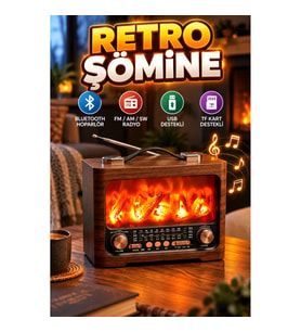 Retro Şömine Efektli Bluetooth Hoparlör – FM AM SW Radyo, USB ve TF Kart Destekli