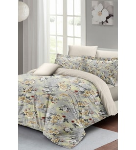 Grey Yellow Roses Luxury Çift Kişilik Pamuk Saten Nevresim Takımı
