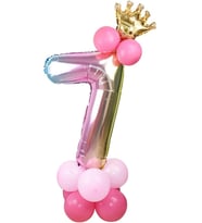 Yaş Gökkuşağı Renkleri Rakam Balon Altın Taçlı 7 Rakamlı Balon