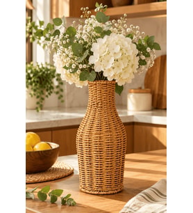 Atbyhome Doğal Hasır Rattan Çiçek Vazosu 25.5 cm - Masa Üstü Dekoratif El Örgüsü Kuru Çiçeklik Ve Saksı