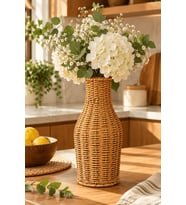 Atbyhome Doğal Hasır Rattan Çiçek Vazosu 25.5 cm - Masa Üstü Dekoratif El Örgüsü Kuru Çiçeklik Ve Saksı