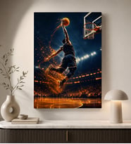 BK Gift Basketbol Smaç Anı Ateş Efektli Sporcu ve Potaya Atlayış Temalı Kanvas Duvar Tablosu 50x70 cm