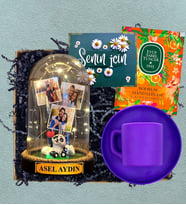 İsimli, 3 Fotoğraflı ve Işıklı Fanus & Mor Kahve Fincanı  Kişiye Özel Premium Set (Model 4)