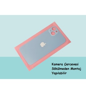 Tkgz - iPhone 14 PLUS Arka Pil Batarya Kapağı - Cam kapak Geniş Lens Deliği - MAVİ