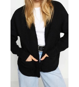 Kadın Modern Tarz Oversize V Yaka Regular Triko Hırka (Siyah)