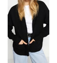 Kadın Modern Tarz Oversize V Yaka Regular Triko Hırka (Siyah)