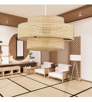 Otantik Trio Metal Kasalı Hasır Kaplama Rattan Salon Avize Üç Katlı Pasta Yatak Odası Sarkıt (Hasır Sarı)