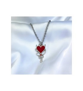 Snake Devil Heart Boynuzlu Kırmızı Kalp Gotik Kolye (Gümüş)