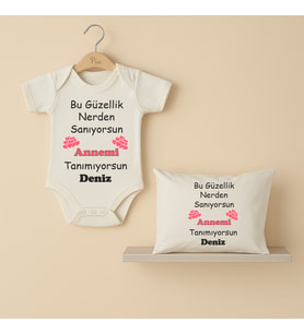 Pia Baby B31 %100 Pamuk Annemi Tanımıyorsunuz Yazılı Tasarlanabilir İsme Özel Bebek Body Ve Yastık Kılıfı (Ekru)