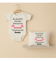 Pia Baby B31 %100 Pamuk Annemi Tanımıyorsunuz Yazılı Tasarlanabilir İsme Özel Bebek Body Ve Yastık Kılıfı (Ekru)