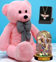 Büyük Boy Pembe Peluş Ayıcık, Kişiye Özel Led Işıklı Fanus ve Renkli Zümrüdü Anka Kuşu Kolye (Model 4)