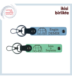 Karavanla Hayatın Her Anına, Kişisel İsim Yazılabilir Deri Anahtarlık x2’li, Gök Mavi-Açık Yeşil