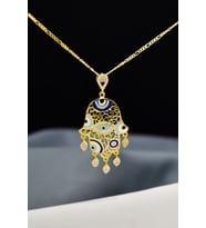 925 Ayar Gümüş Gold Kaplama Zirkon Pembe Taşlı Nazar Gözlü Mineli Fatma Eli Kolye