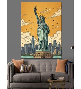 Özgürlük Heykeli New York Manzarası Dekoratif Kanvas - Mdf Ahşap Tablo