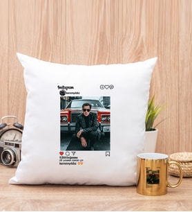 Kişiye Özel İnstagram Tasarım Fotoğraflı Kare Yastık ve Gold Kupa