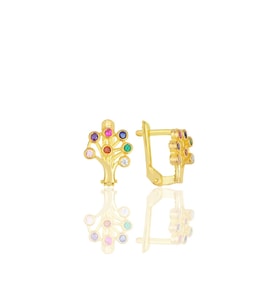 Gümüş altın yaldızlı renkli taşlı j model hayat ağac küpe SGTL11634GOLD
