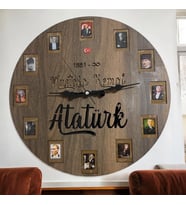 Ahşap Desen Duvar Saati - Atatürk - Epoksi Reçine Kaplamalı - 40 cm (Çok Renkli)