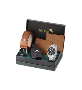 Polo Air Klasik Metal Kasa Erkek Kol Saati Cüzdan Kemer Kartlık Parfüm Seti Gümüş Siyah Taba Renk PL-7094E4