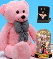 Büyük Boy Pembe Peluş Ayıcık, Size Özel Led Işıklı Fanus ve Zümrüdü Anka Kuşu Kolye (Model 8)