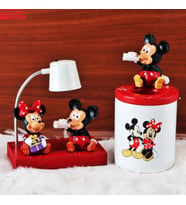Mickey Mouse Minnie Mouse Işıklı Biblo Masa Gece Lambası Mickey Biblolu Kalemlik Hediye Seti (Karışık)