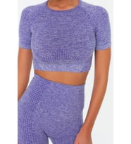 Moda Bisiklet Yaka Örme Fit Düz Desen Sportswear Crop Kısa Kol Bluz (Lila)
