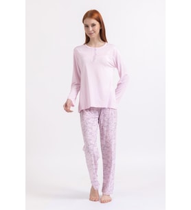 Kadın Dört Mevsim Dantel Desenli Melisa Kumaş Yüksek Kalite Yuvarlak Yaka Pijama Takımı 1361 (Pembe)