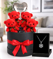 Ayıcık Buketi 4’lü Kırmızı Love Ayıcık Hediye Kutusu, İyi Ki Varsın Balon & Kar Tanesi Kolye Seti