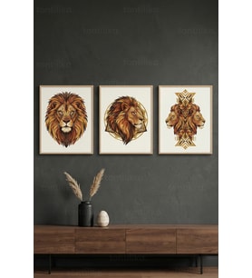 Aslan Figürleri 3’lü Ahşap Çerçeveli Tablo Seti - Cesur Sanat Duvar Dekoru