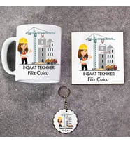 İnşaat Teknikeri Kupa Bardak Altlık ve Anahtarlık Hediye Seti (Model 1)