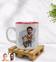 BK Gift Kişiye Özel Baba Oğul Karikatürlü İçi Kırmızı Renkli Kupa Bardak Model 1