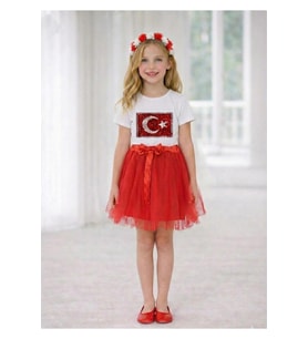 Kız Çocuk Ayyıldız Pullu Bayrak Desenli Gösteri Takımı 23 Nisan Ve Özel Bayramlar