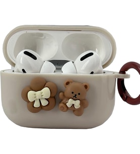 Airpods Pro 2 ile uyumlu Kulaklık Kılıf Darbeye Dayanıklı Krem Rengi Çicek ve Ayıcık Tasarımlı Sert Koruyucu Toz ve Kirden Koruyan Apple Airpods Pro 2 ile uyumlu Kılıf (Kahve AYICIK)