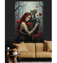 Kafatası Kırmızı Güller Romantik Dekoratif Kanvas - Mdf Ahşap Tablo