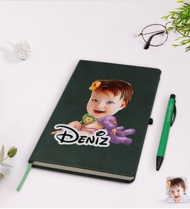 BK Gift Kişiye Özel Bebek Karikatürlü Yeşil Termo Deri Defter Kalem Seti Model 2