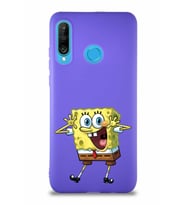 Huawei P30 Lite Soft Premier Kapak Sünger Bob Tasarımlı Silikon Kılıf - Mor (Şeffaf)