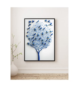 Tablo - Ahşap Çerçeveli Tablo - Çerçeveli Poster-Soyut, Minimal, Mavi Kuşlar ve Ağaç Temalı Modern