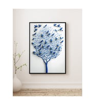 Tablo - Ahşap Çerçeveli Tablo - Çerçeveli Poster-Soyut, Minimal, Mavi Kuşlar ve Ağaç Temalı Modern (Karışık)