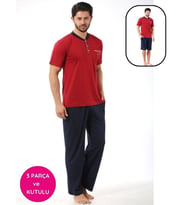 Erkek 3 Düğmeli Likralı Pamuk Kısa Kol Cepli Şortlu 3lü Pijama Takımı-3 Parça Kutulu Çeyizlik Set (Bordo)