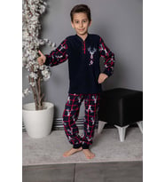 Erkek Çocuk Gez Garson Boy Geyik Desenli Pamuklu Kışlık Kalın Polar Pijama Takımı 2691-Lacivert