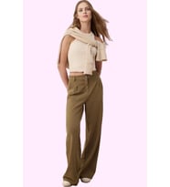 Kadın Geniş Paça Uzun Pantolon Düz Desen Wide Leg Yüksek Bel Günlük Yaz Aylarının Vazgeçilmezi (Açık Haki)