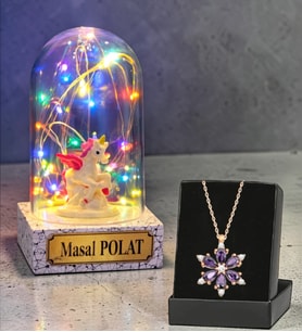 Size Özel Unicornlu Renkli Led Işıklı Fanus ve Gerçek Ametist Taşlı Lotus Kolye