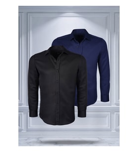 Todth 2'li Paket Kolay Ütülenebilen Dört Mevsim Modern Fit Yumuşak Dokulu Siyah ve Lacivert Düz Gömlek