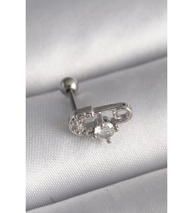 316L Çelik Gümüş Renk Zirkon Taşlı Toplu İğne Tragus Piercing - TJ-PR1275