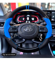 Hyundai i10 Dikme Direksiyon Kılıfı Delikli Deri Parlak Siyah Mavi Detay Çift Yüzük ve Dikiş 2020-2026