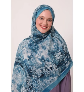 Petrol mavisi Luvensara Desenli Silk Elite Şal