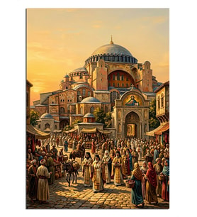 Kalabalık Önünde Ayasofya Camii Manzarası Dekoratif Kanvas - Mdf Ahşap Tablo