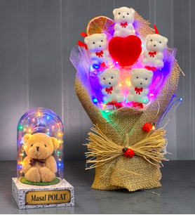 Renkli Led Işıklı Ayıcık Buketi & Kişiye Özel Renkli Işıklı Ayıcıklı Fanus